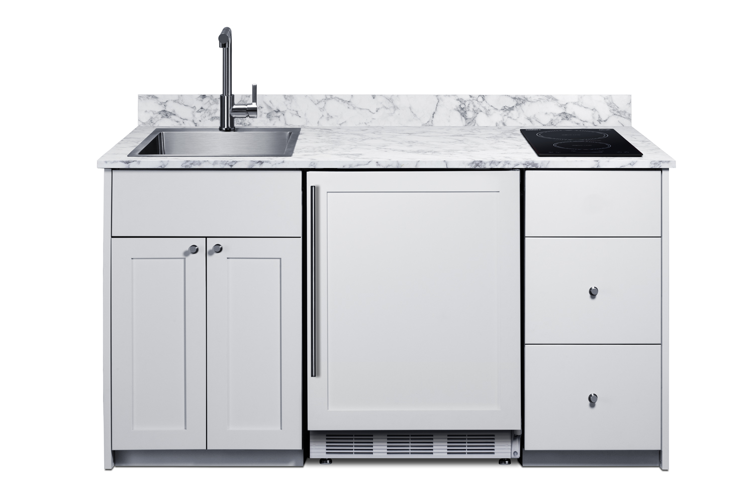 ADA-height Turnkey Caldera Kitchen featuring pre-assembled cabinetry and countertop in white, complete with ENERGY STAR certified refrigerator-freezer, ENERGY STAR certified 115V induction cooktop, storage drawers, and sink with faucet; ships in two boxes on one pallet